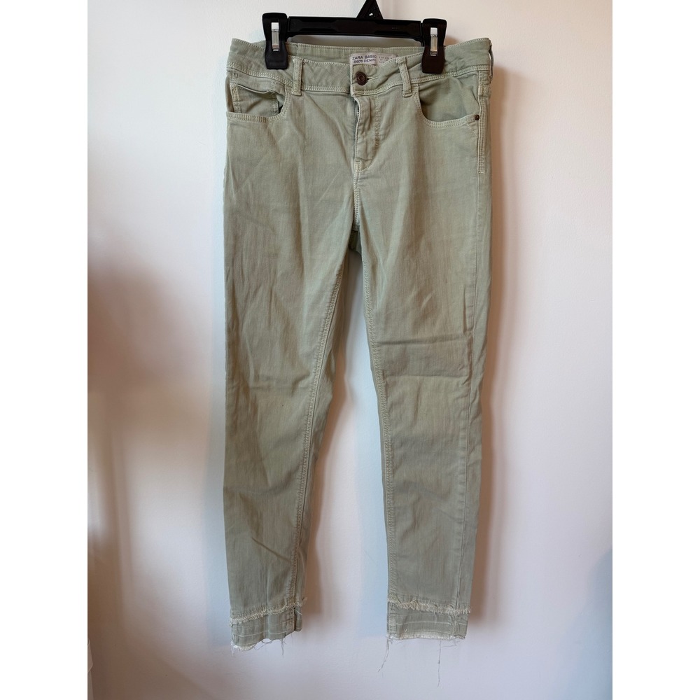 Zara Basic Z1975 Denim Sage Green Skinny Jeans Raw Hem Size 6